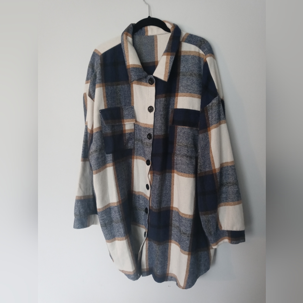 Shein 4x Blue Beige Camel Plaid Shacket Jacket